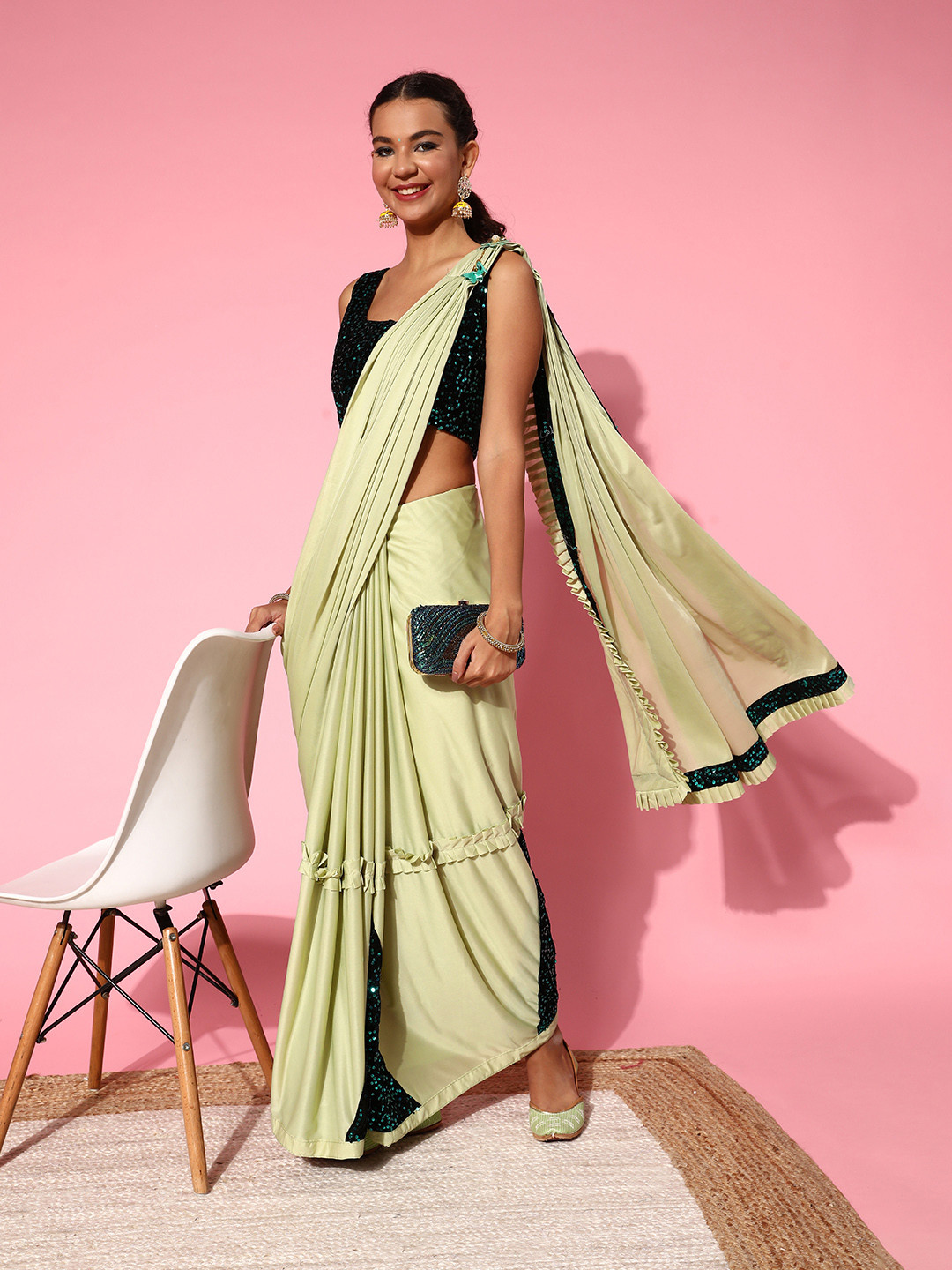 Mitera Lime Green Embellished Sequinned Saree