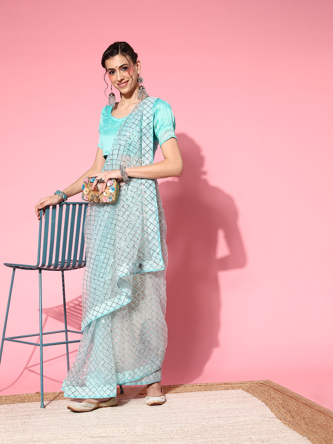 Mitera Turquoise Blue Embellished Sequinned Net Saree