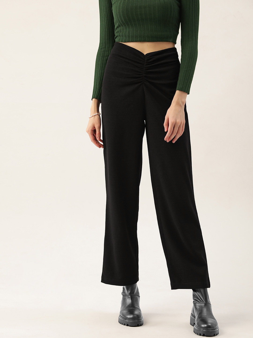 Ruched Front High Waisted Flared Trousers