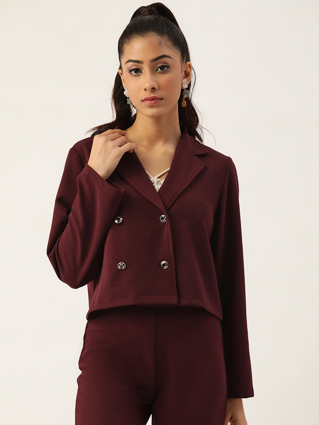 Antheaa Women Burgundy Solid Double Breasted Casual Blazer