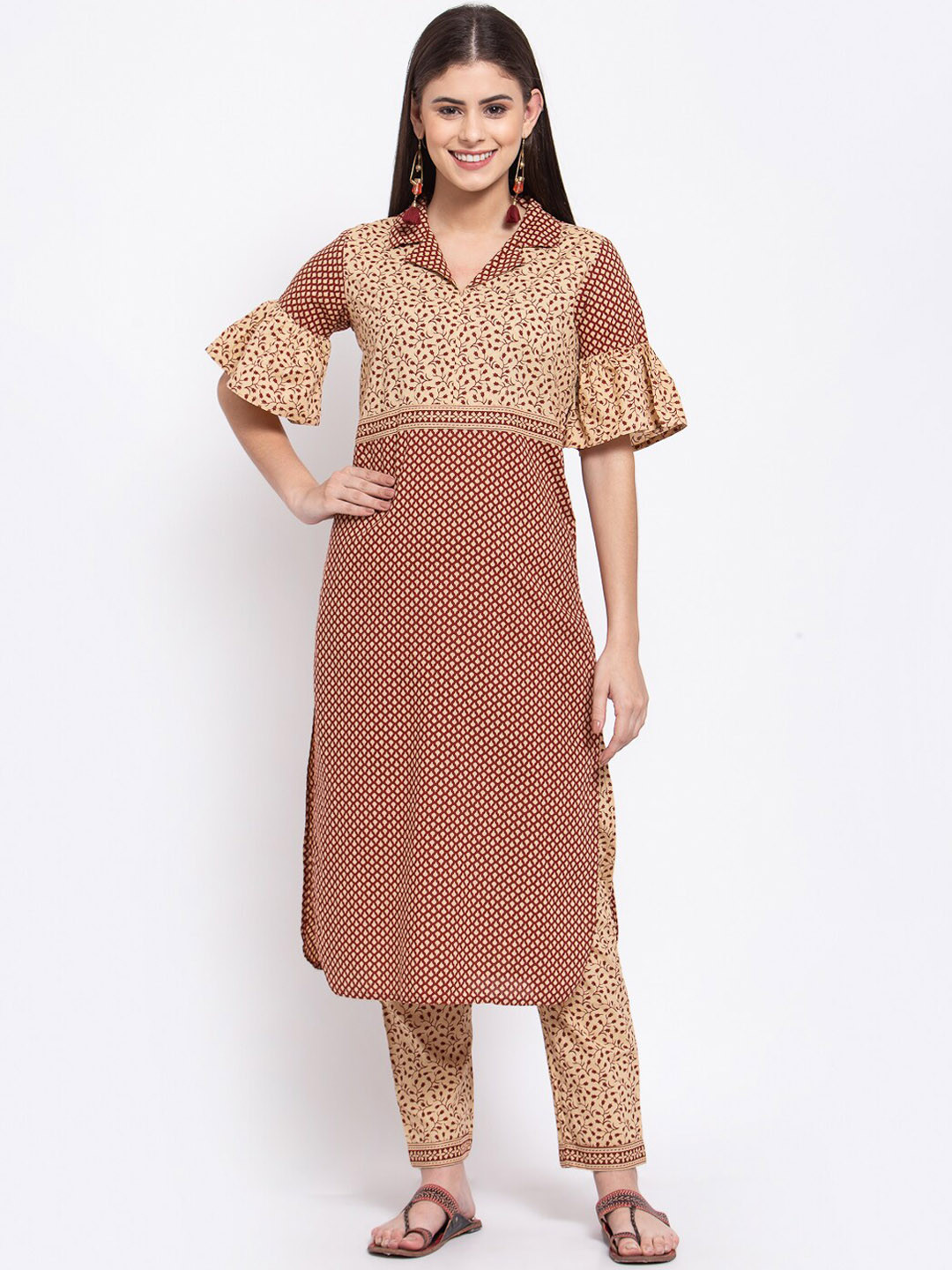 NeshamaKurti Women Beige Printed  Pure Cotton Kurti with Trousers