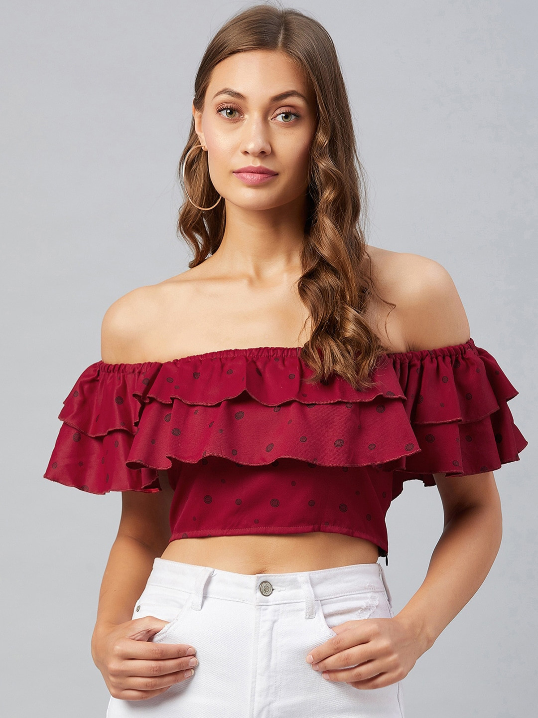 CHIMPAAANZEE Maroon Off-Shoulder Crop Top