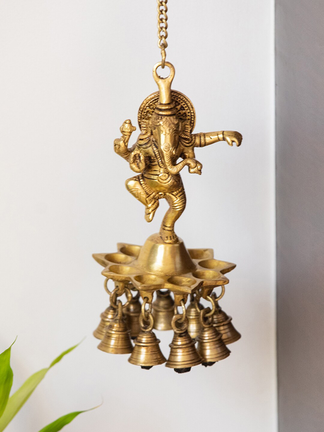 ExclusiveLane Gold Swaying Ganesha Hand Etched Brass Decorative Hanging Diya With Bell