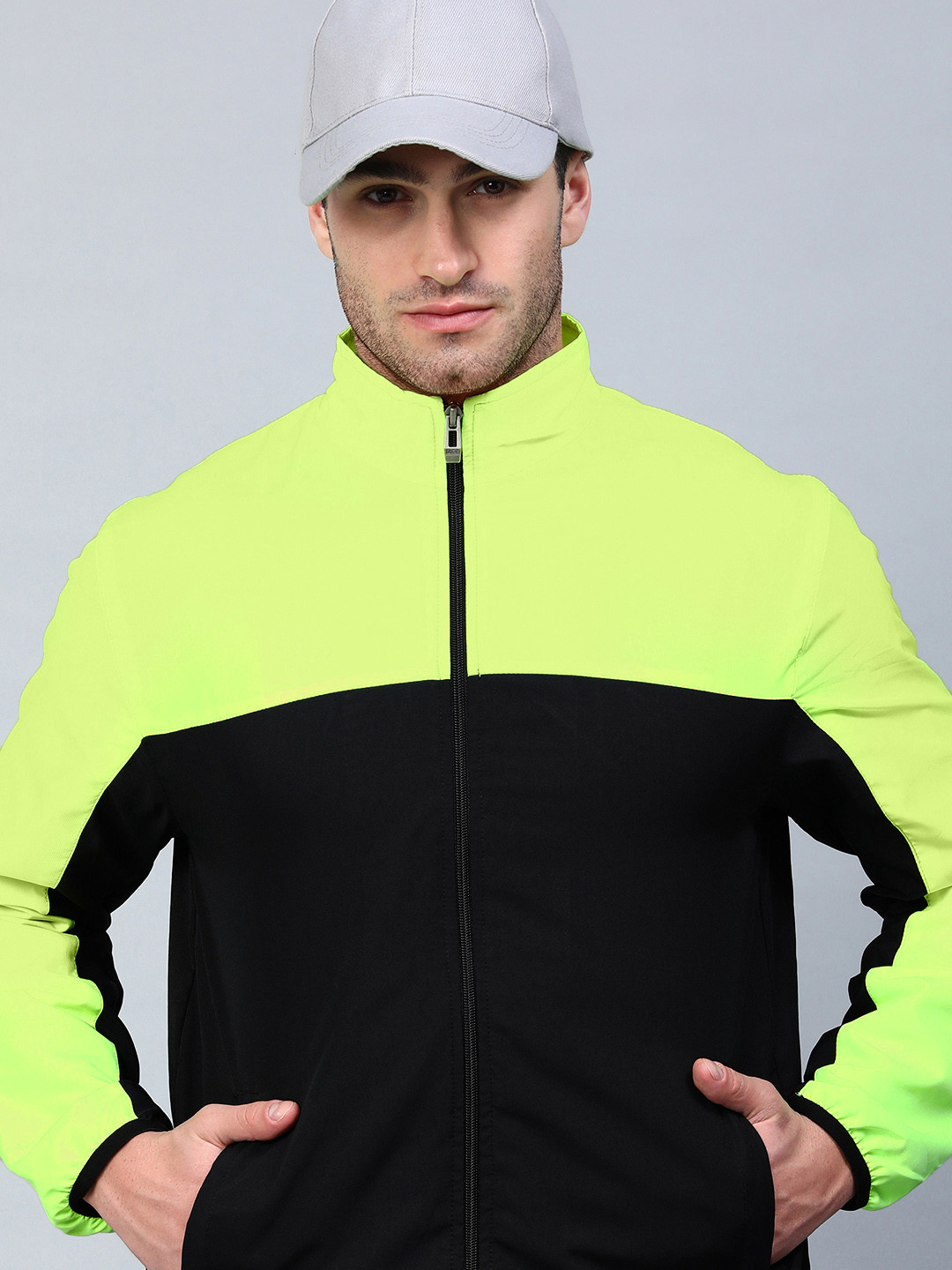 UNSULLY Men Fluorescent Green Black Colourblocked Windcheater Tailored Jacket
