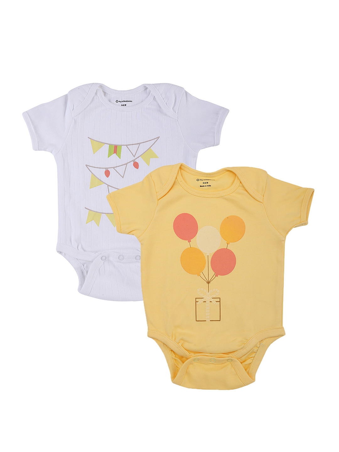 My Milestones Girls Pack of 2 White & Yellow Printed Rompers