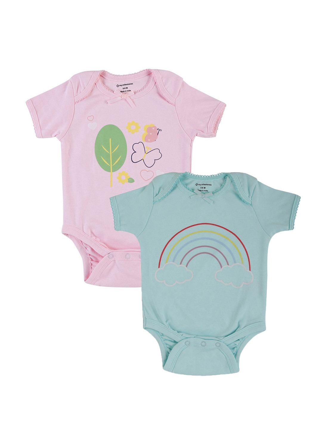 My Milestones Infants Girls Pack of 2 Pink & Green Printed Pure Cotton Bodysuits