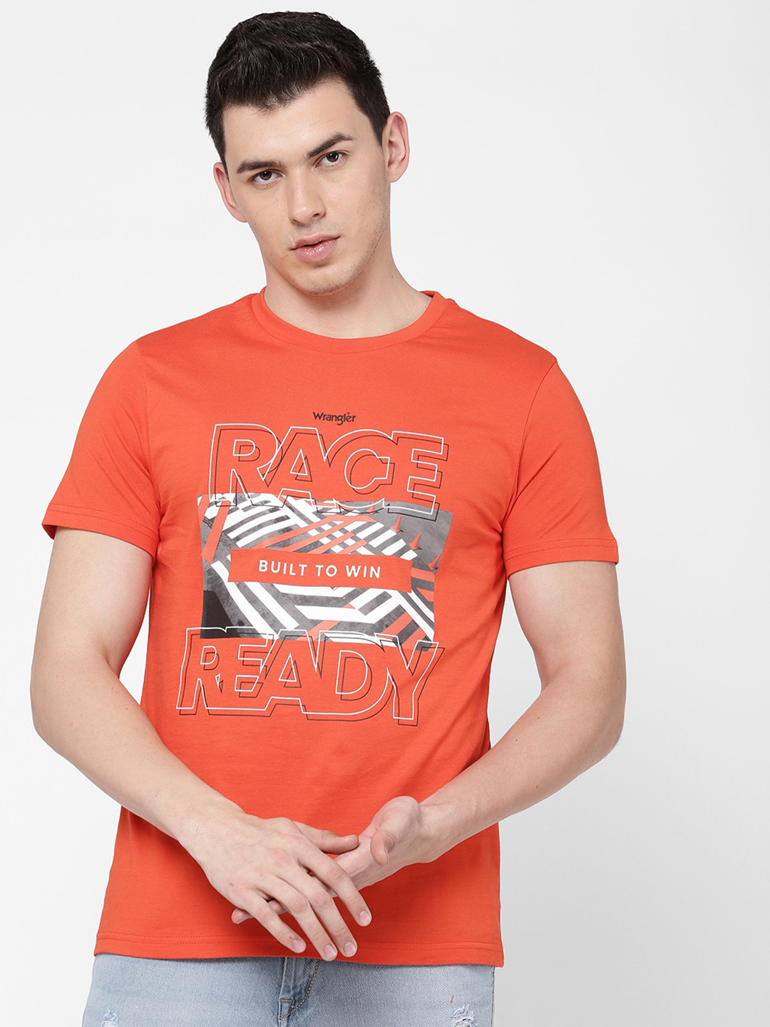 Wrangler Men Orange Printed Regular Fit Cotton T-shirt