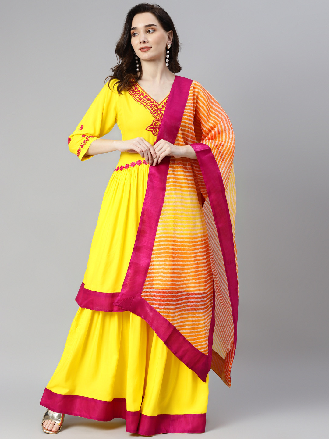 SHADES OF FAASHION Women Yellow Ethnic Motifs Embroidered Empire Chikankari Kurta with Sharara & With Dupatta