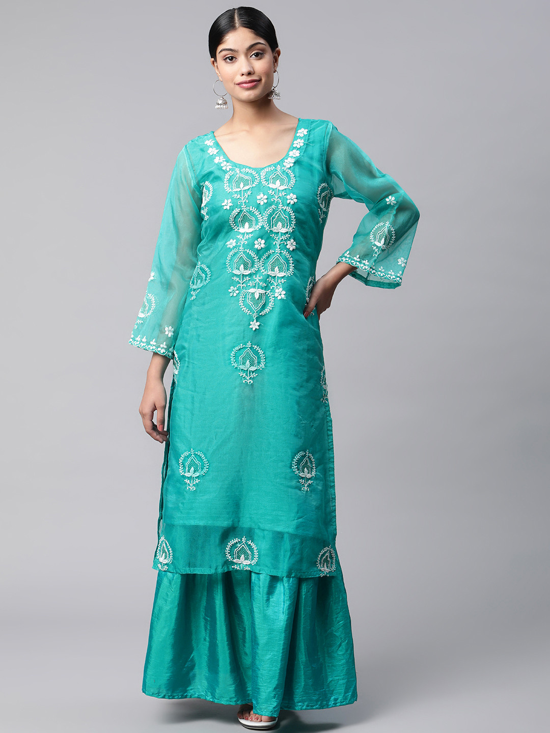 SHADES OF FAASHION Women Teal Green Ethnic Motifs Embroidered Chikankari Kurta