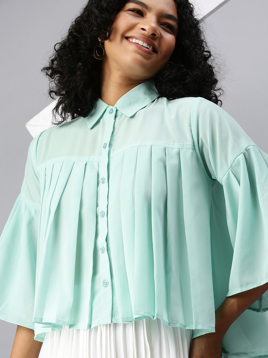 SHOWOFF Women Sea Green Georgette Shirt Style Top