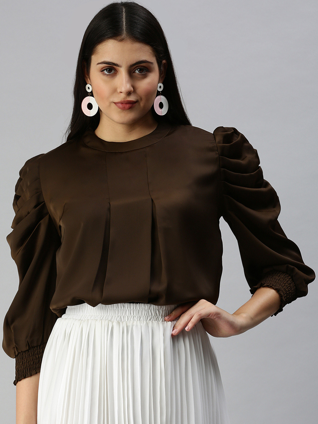 SHOWOFFFF Women Coffee Brown Solid Smocked Top