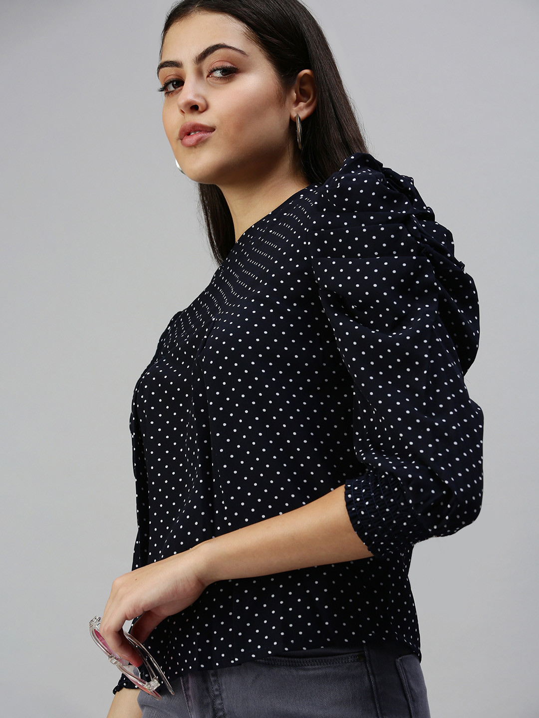 SHOWOFF Navy Blue Polka Dots Printed Top