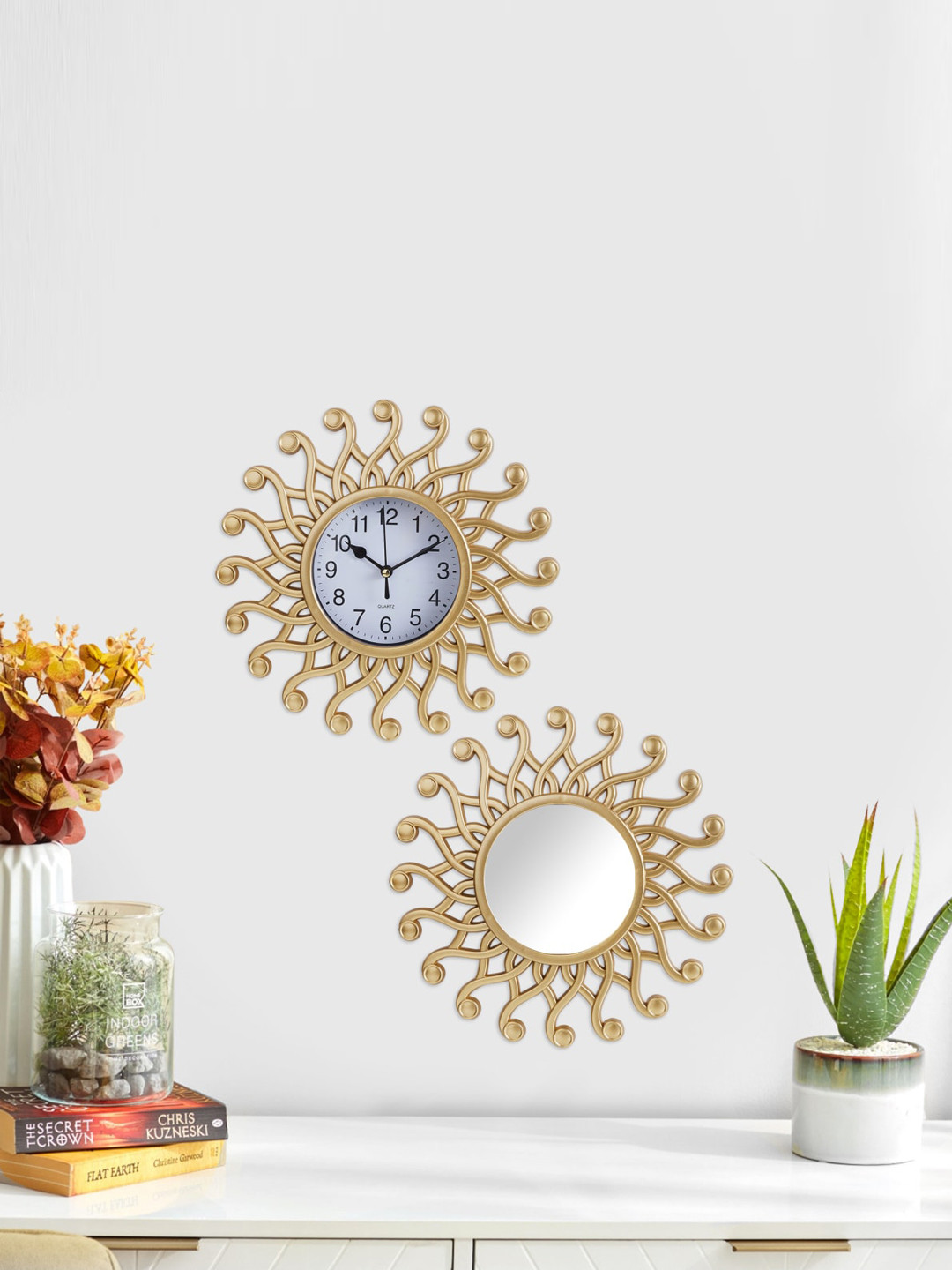 Home Centre Set of 2 Gold-Toned Textured Metal Analogue Wall Clock & Mirror
