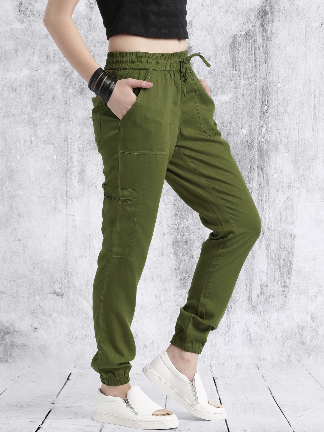 Buy Online Women Olive Green Solid Cargo Joggers at best price  Plussin
