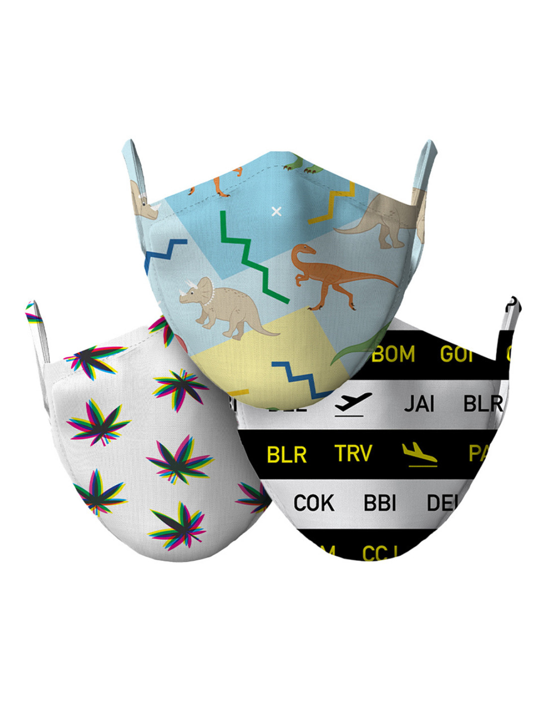 wHAT'S DOwn Pack of 3 White Printed Cotton Face Masks