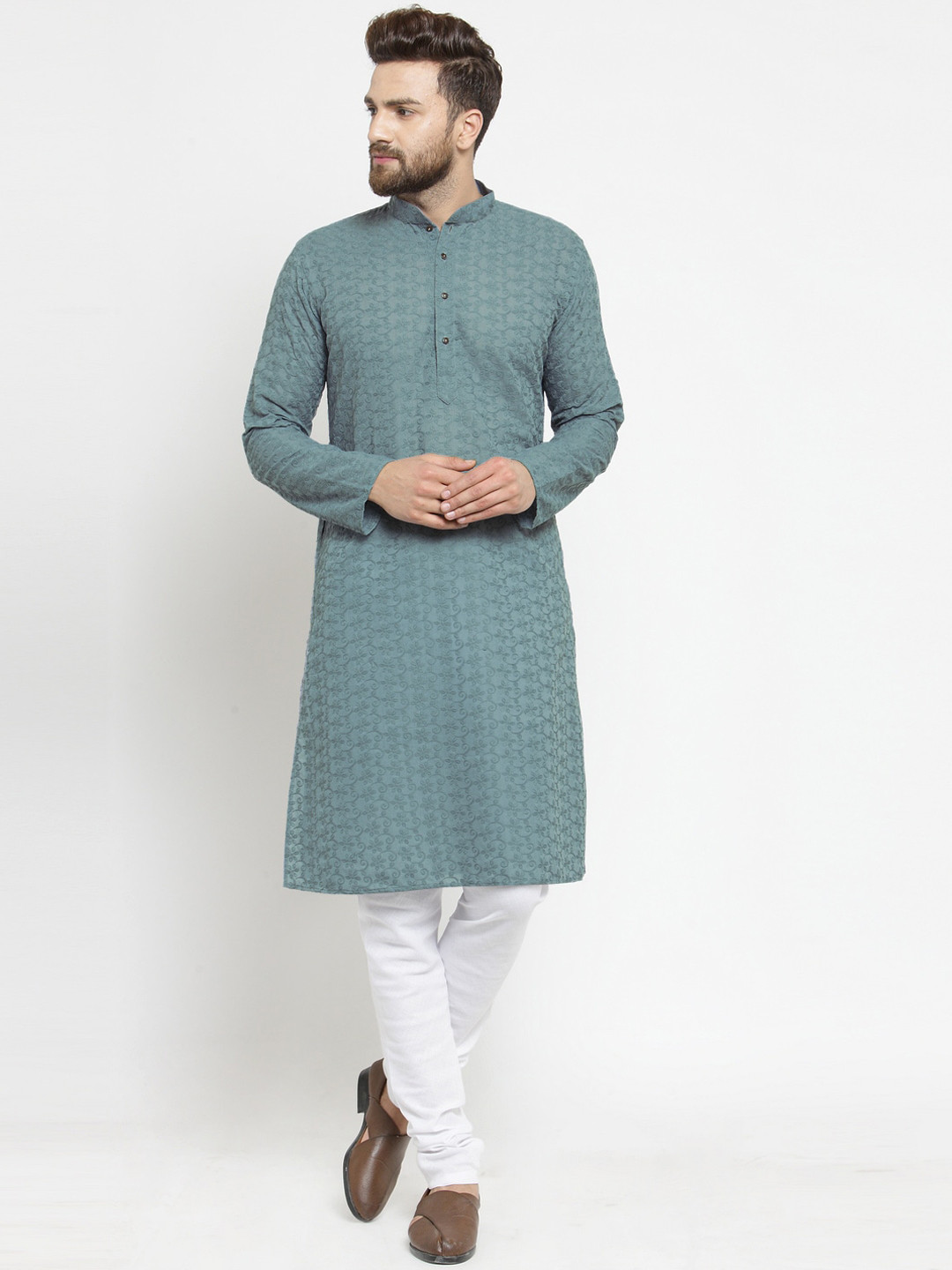 TREEMODA Men Grey Pleated Chikankari Pure Cotton Kurta with Churidar
