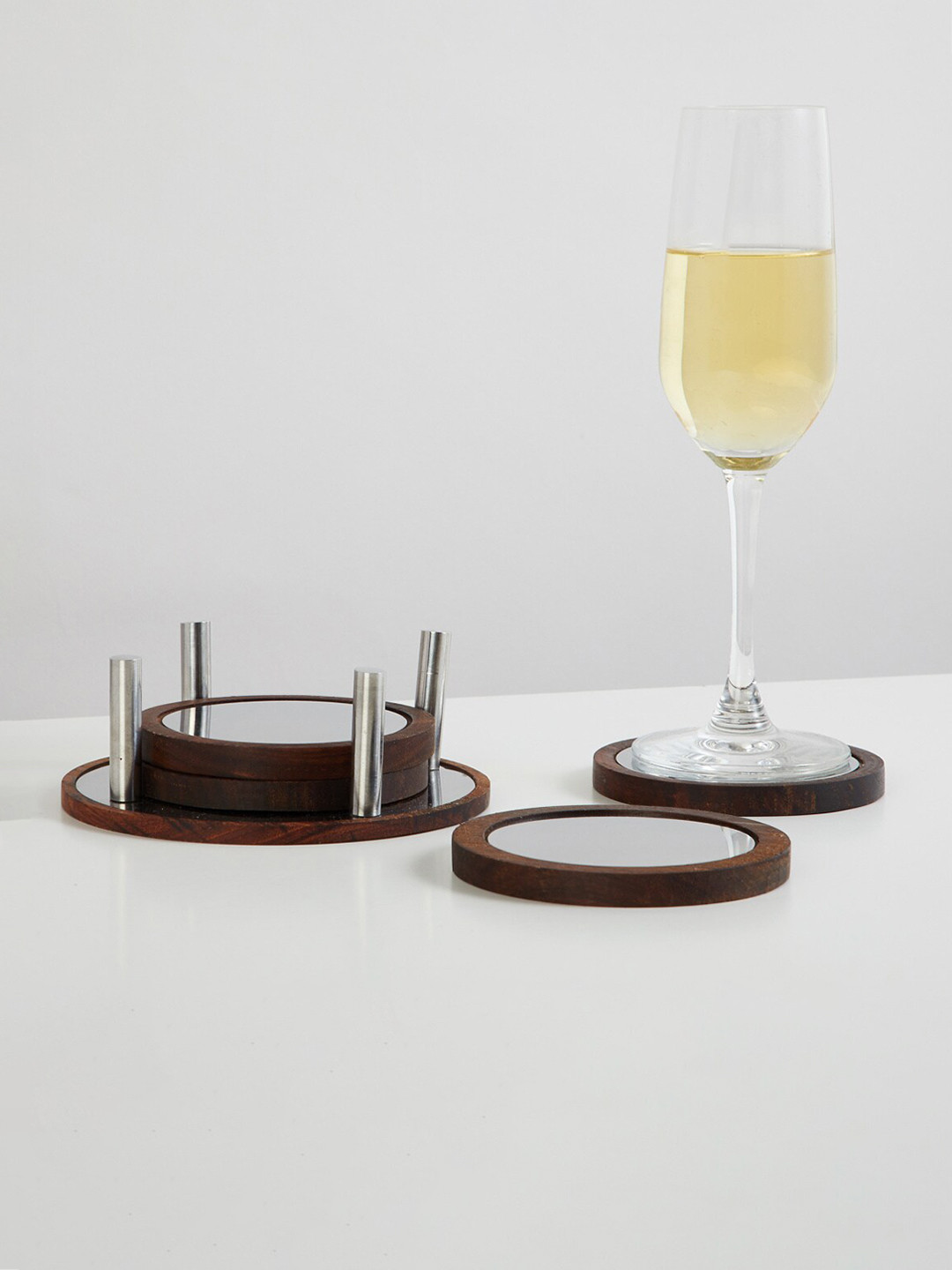 Home Centre Brown Set of 5 Wexford Wooden Coasters With Holder