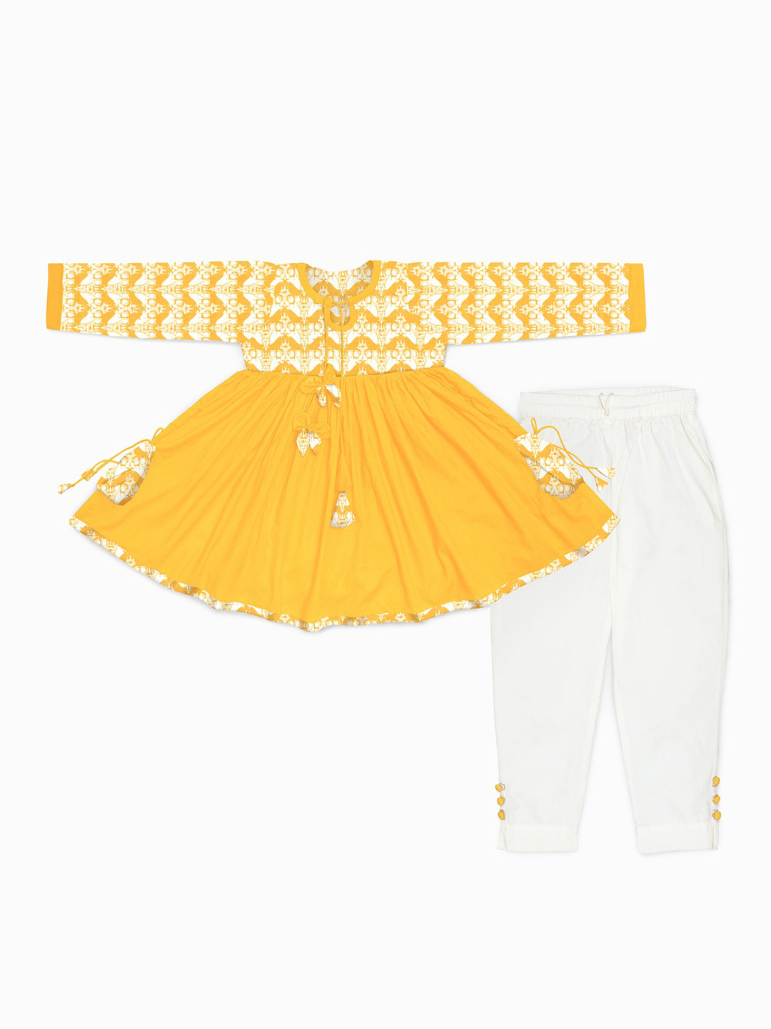 STORY TAILOR Girls Yellow Angrakha Pure Cotton Kurta with Salwar
