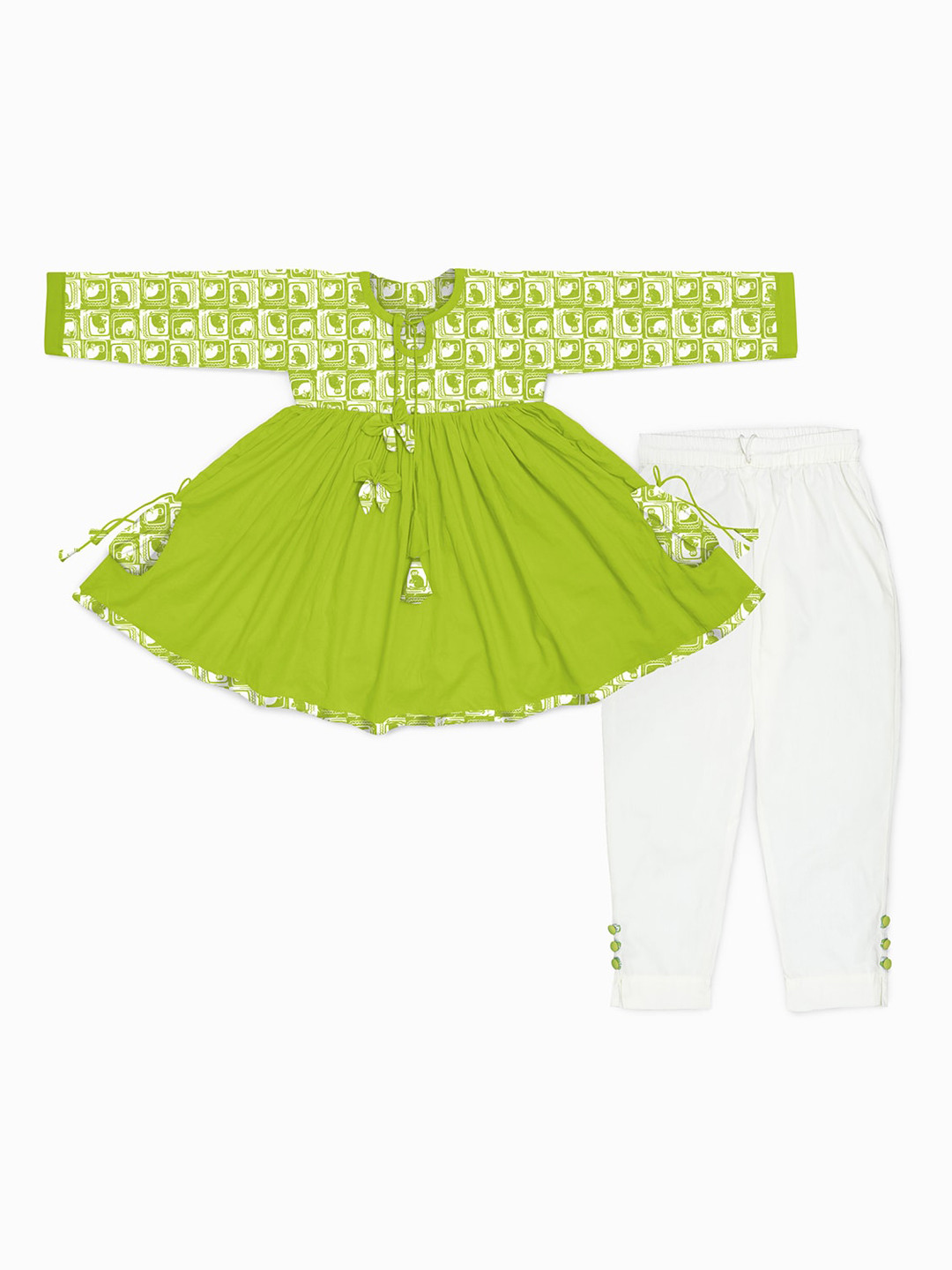 STORY TAILOR Girls Green Angrakha Pure Cotton Kurta with Salwar