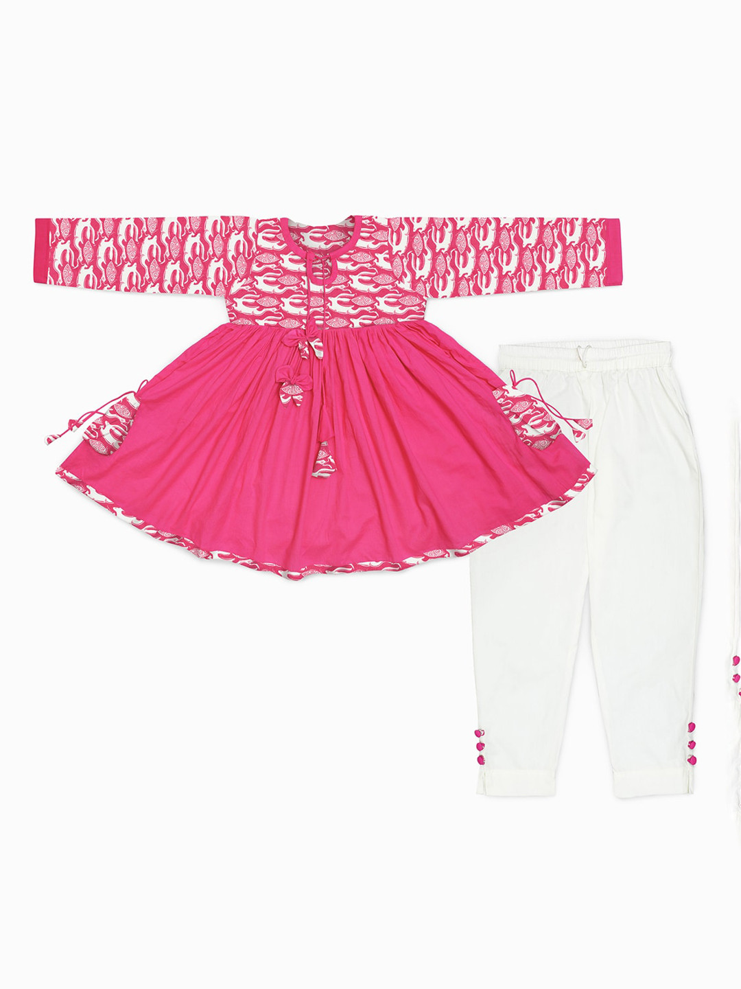 STORY TAILOR Girls Pink Yoke Design Angrakha Pure Cotton Kurta with Salwar & With Dupatta