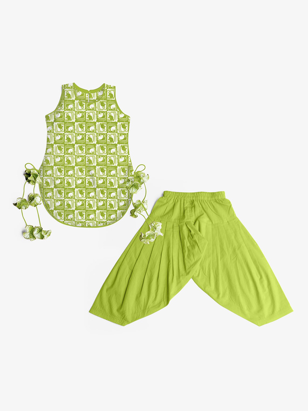 STORY TAILOR Girls Green & White Animal Printed Pure Cotton Kurta with Pyjamas