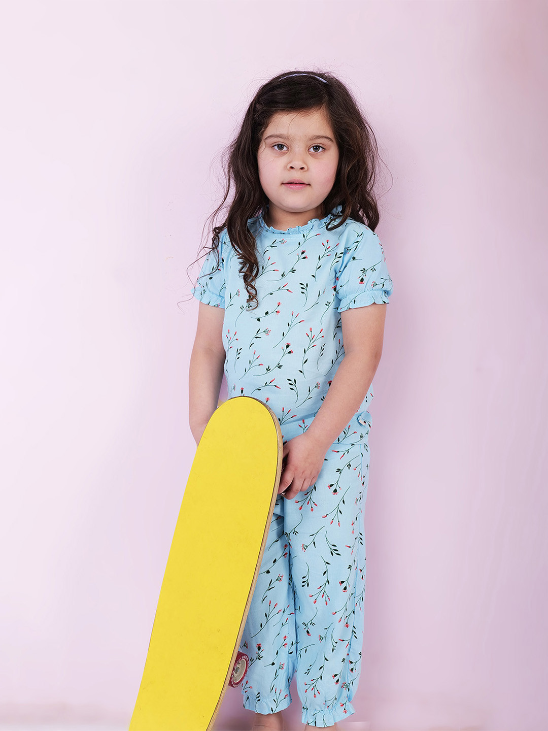 Biglilpeople Girls Blue & Green Printed Pure Cotton Night suit