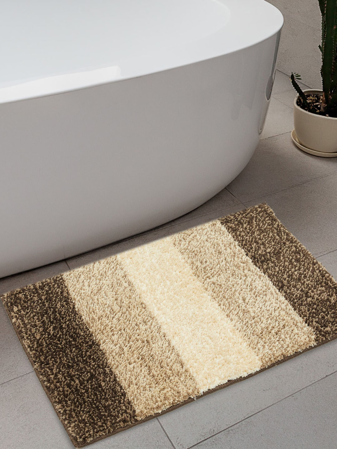 Home Centre Beige Pristine Textured Striped Bath Rug