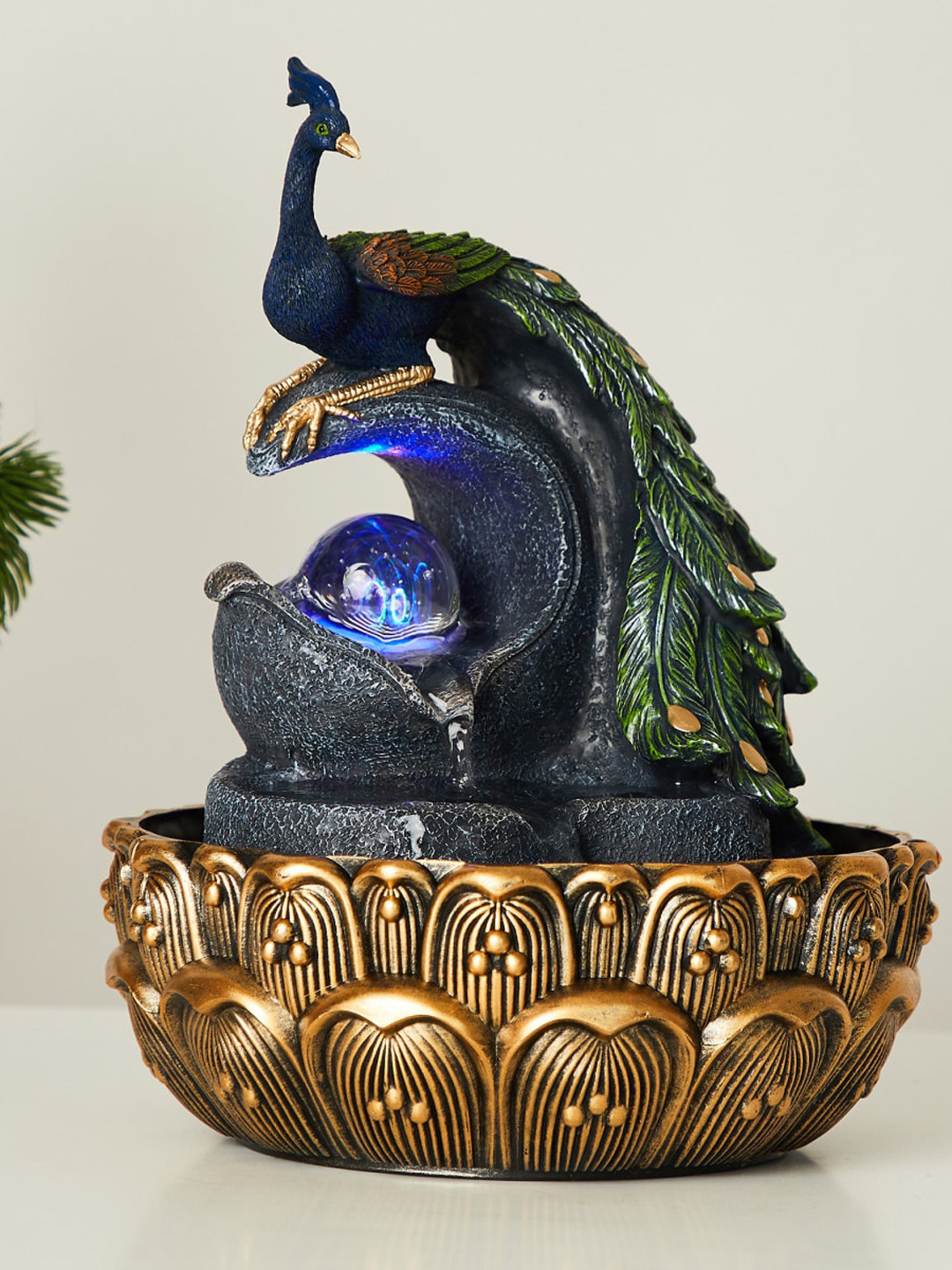 Home Centre Blue & Green Textured Polyresin Peacock Electrical Water Fountain