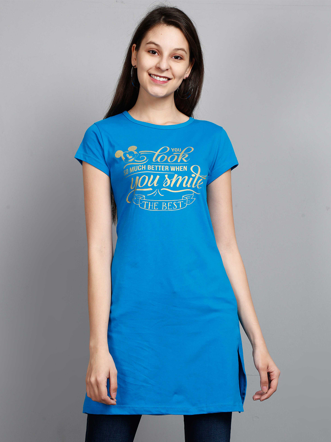 Fleximaa Blue & Golden Print Pure Cotton Longline Top