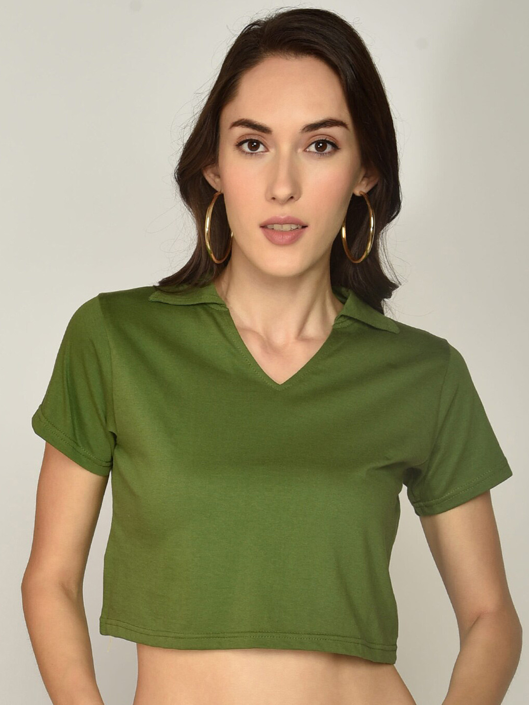 CHIMPAAANZEE Green Shirt Style Cotton Crop Top