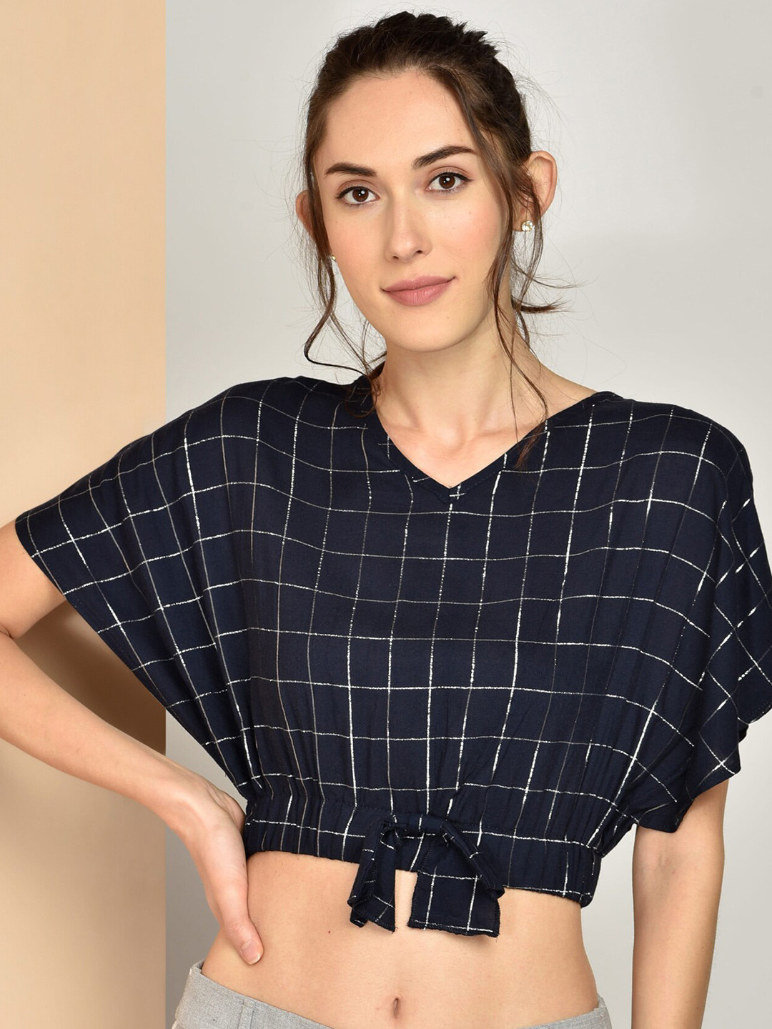 CHIMPAAANZEE Navy Blue Checked Extended Sleeves Blouson Crop Top