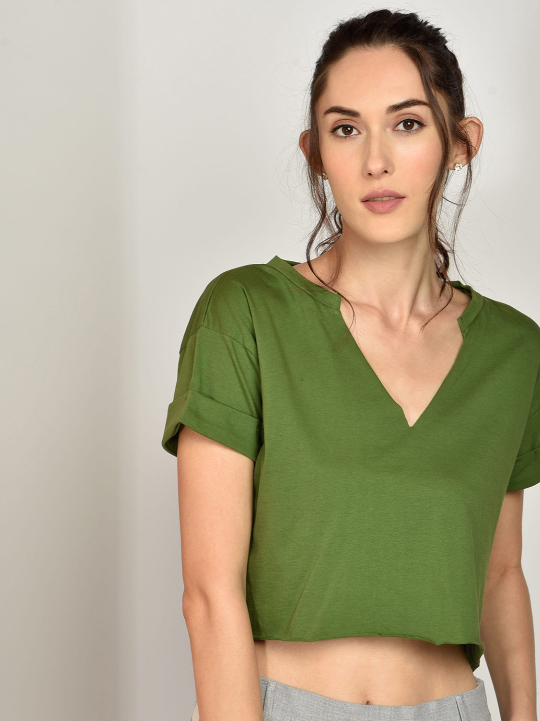 CHIMPAAANZEE Green V-Neck Pure Cotton Crop Top