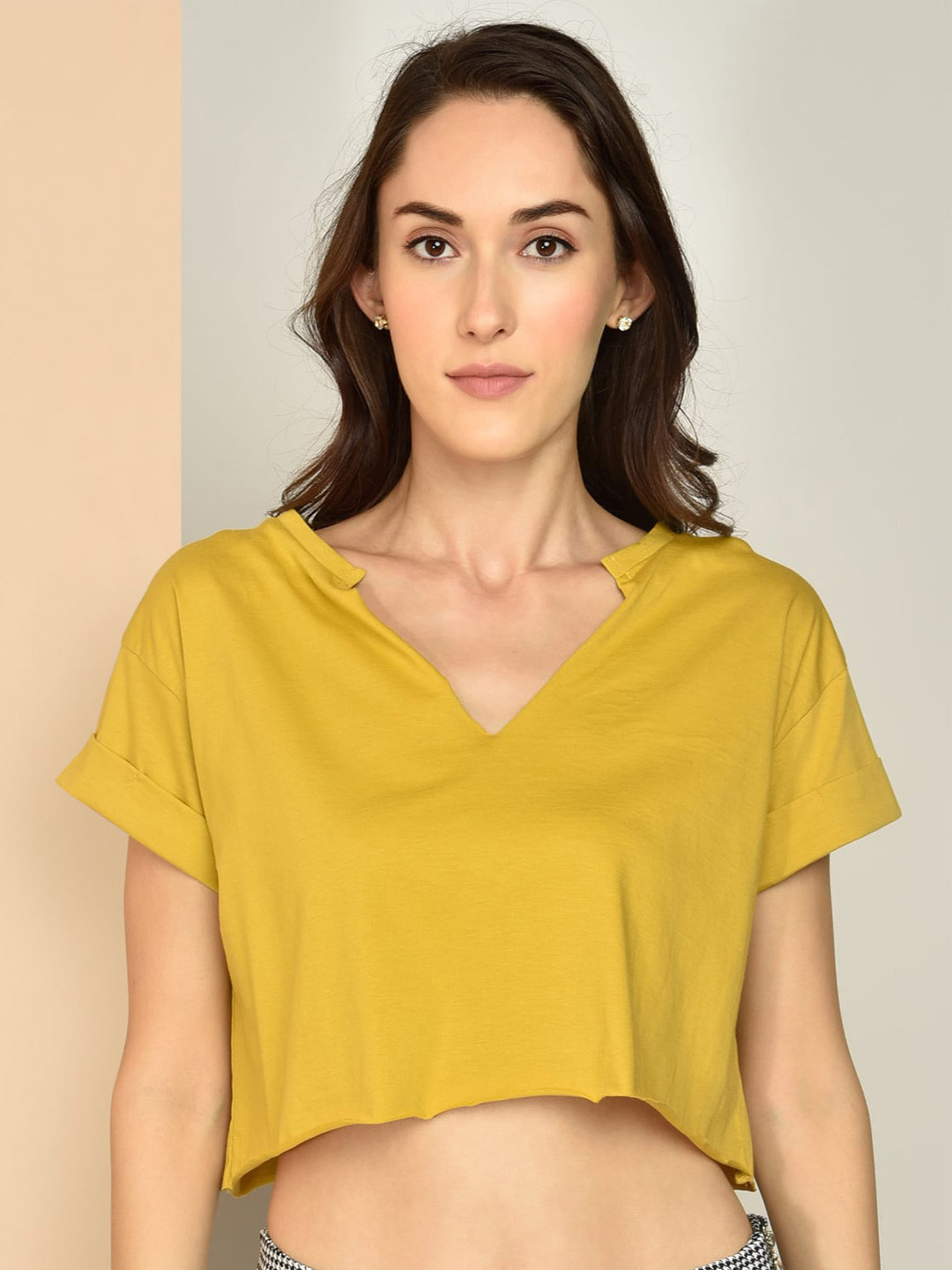 CHIMPAAANZEE Mustard Yellow Extended Sleeves Cotton Boxy Crop Top