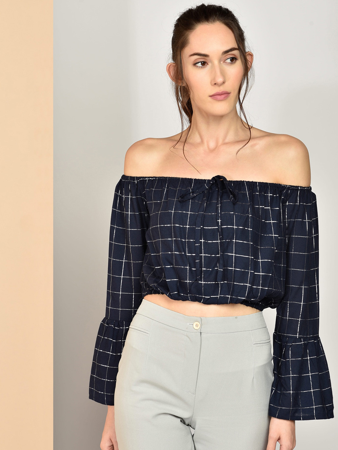 CHIMPAAANZEE Navy Blue Checked Off-Shoulder Bardot Crop Top