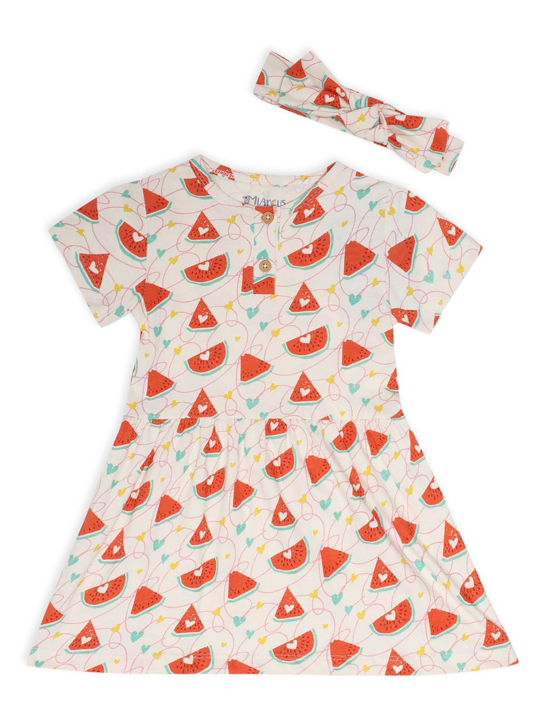 MiArcus Girls Red A-Line Cotton Dress With Hairband
