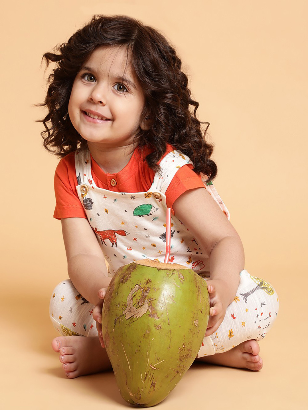 MiArcus  Kids Off White & Orange Printed Cotton Dungarees with T-Shirt