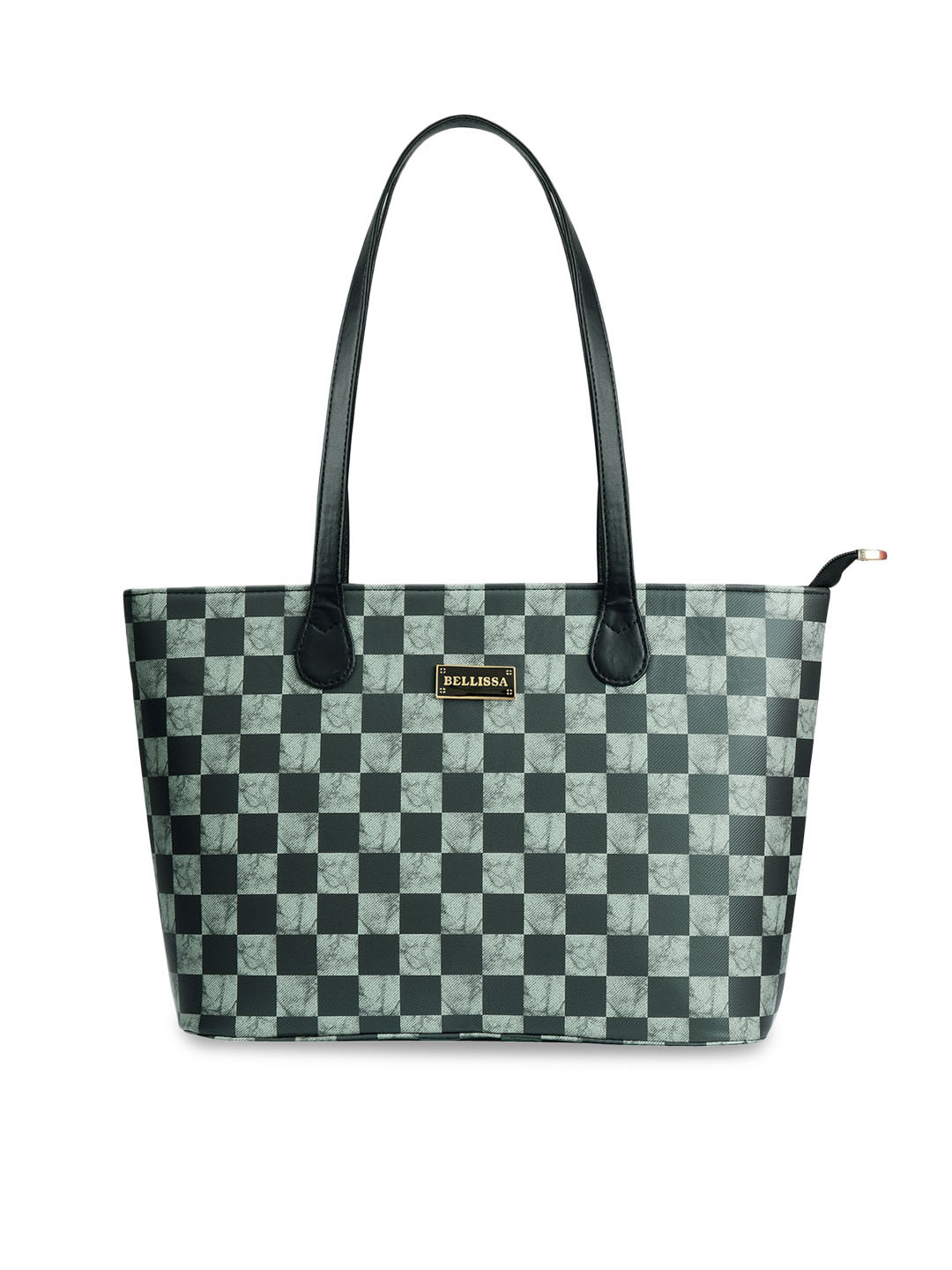 Bellissa Green Checked Printed PU Shopper Shoulder Bag