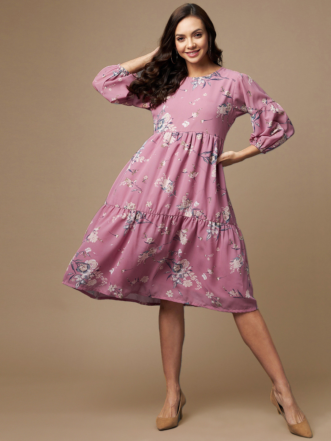 Azira Pink & White Floral Georgette A-Line Dress