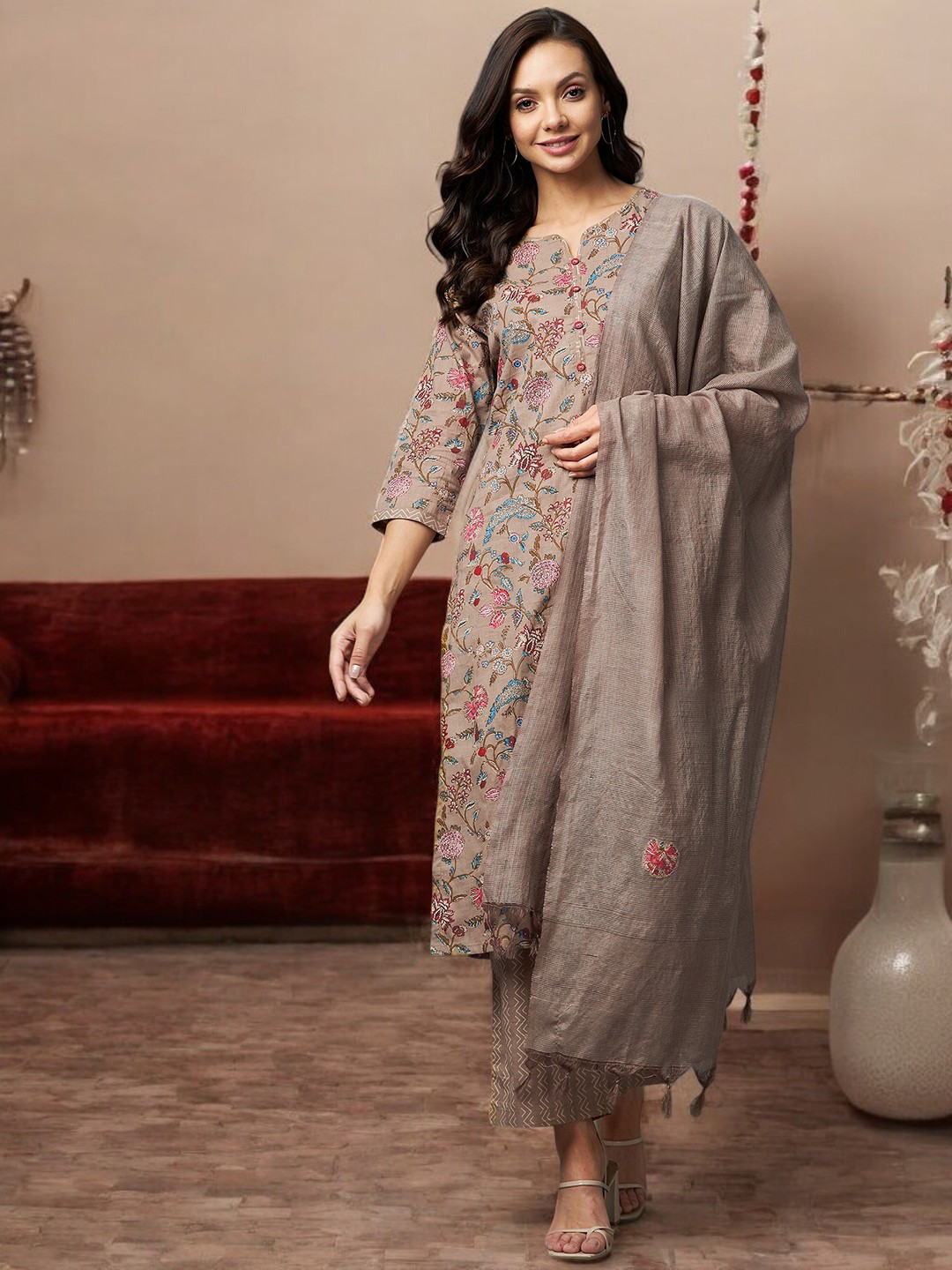 Azira Women Brown Floral Embroidered Pure Cotton Kurta With Trousers & Dupatta