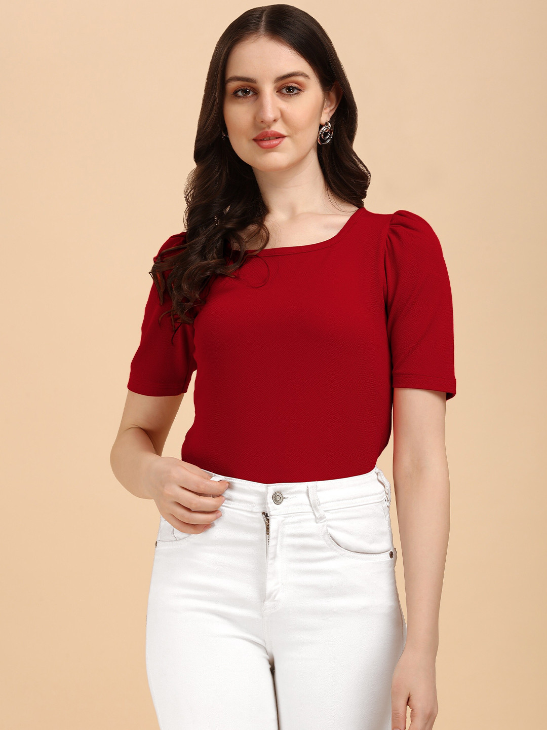 Wedani Maroon Solid Square Neck Knitted Monochrome Scuba Top