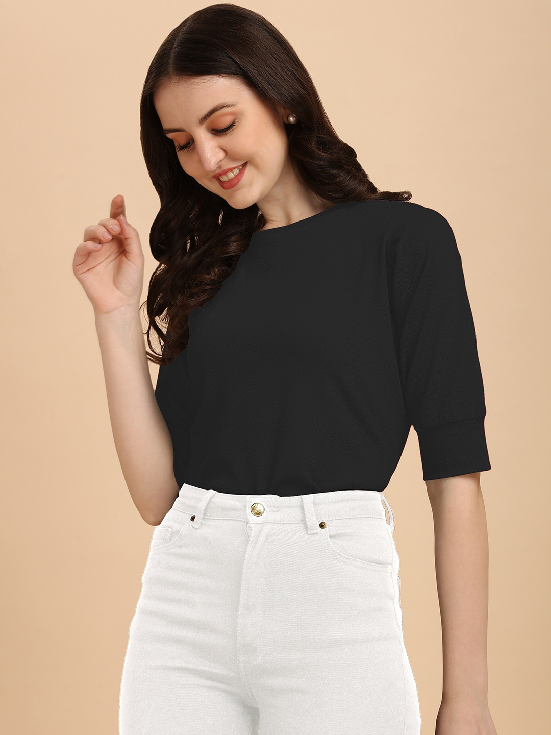Wedani Black Solid Knitted Scuba Top
