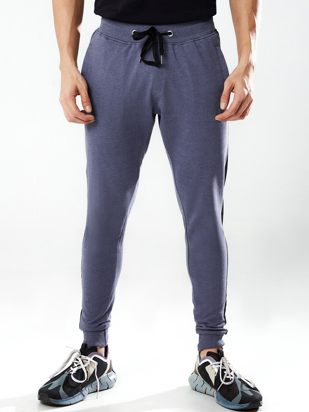 The Souled Store Men Grey Melange & Black Solid Cotton Denim Joggers