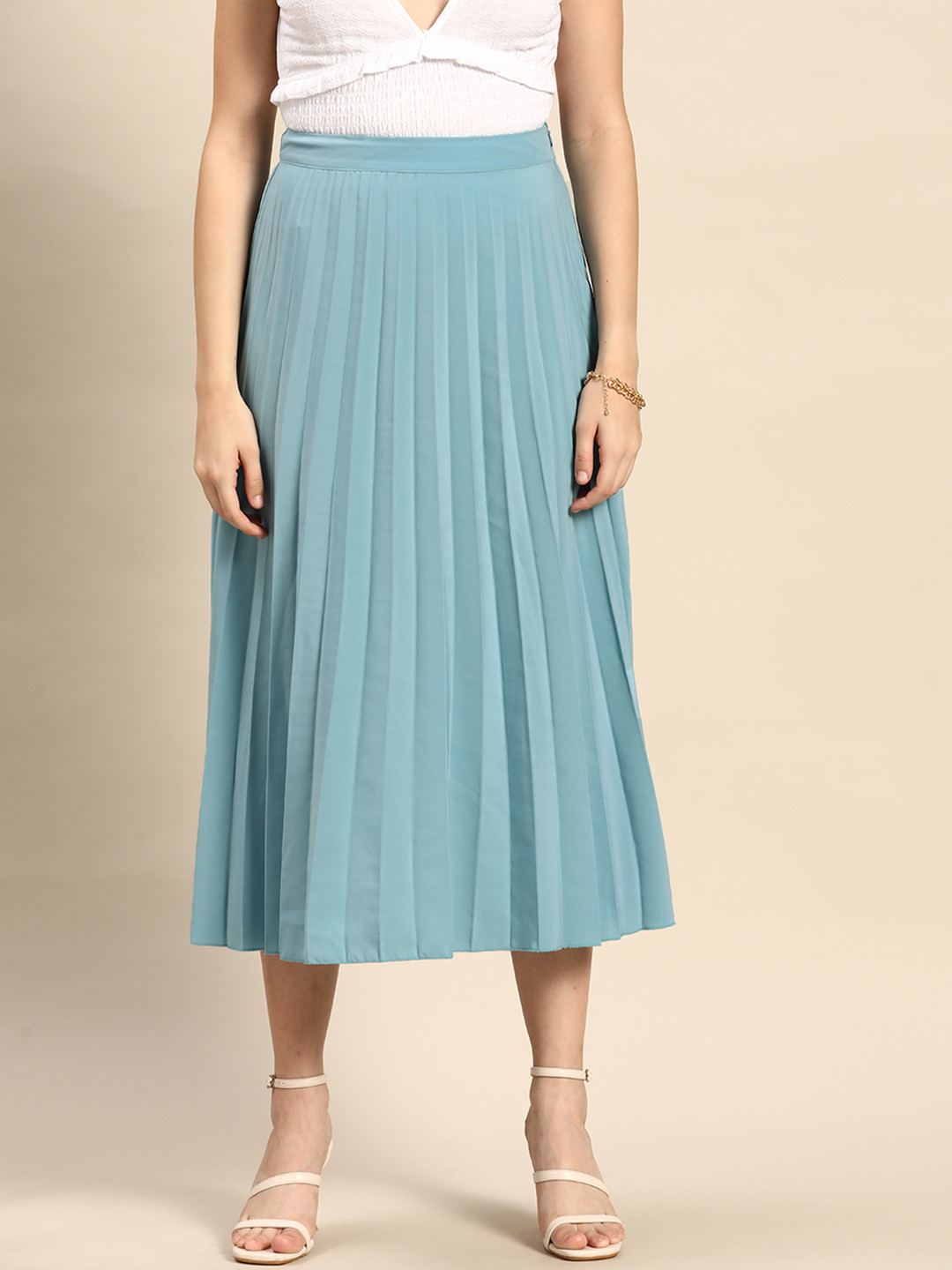 OXXO X City Collection Women Powder Blue Solid Accordion Pleated Midi Flared Skirt