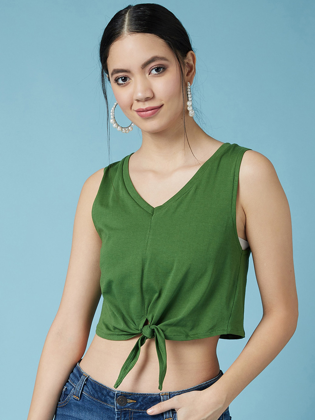 CHIMPAAANZEE Green Tank Front Waist Tie-up Pure Cotton Crop Top