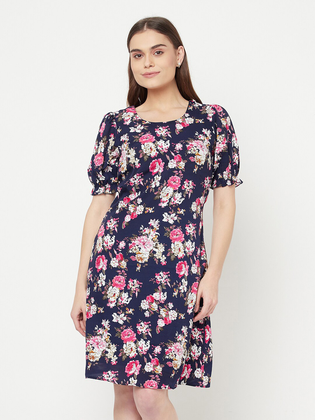 RAASSIO Women Turquoise Blue Floral Crepe Dress