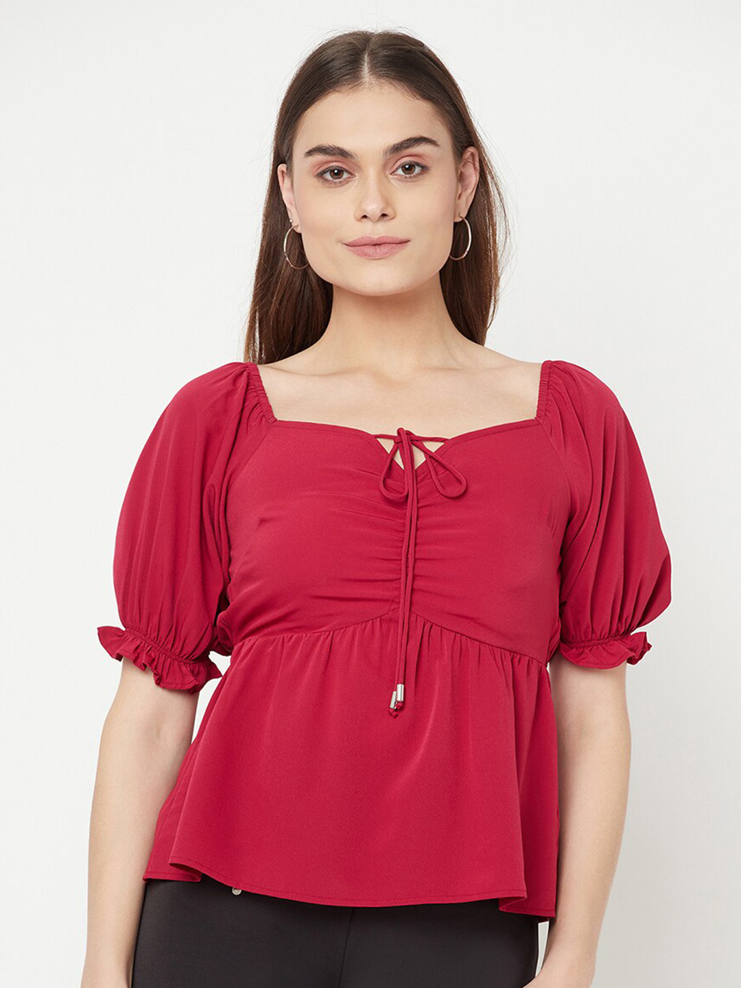 RAASSIO Women Burgundy Tie-Up Neck Crepe Empire Top