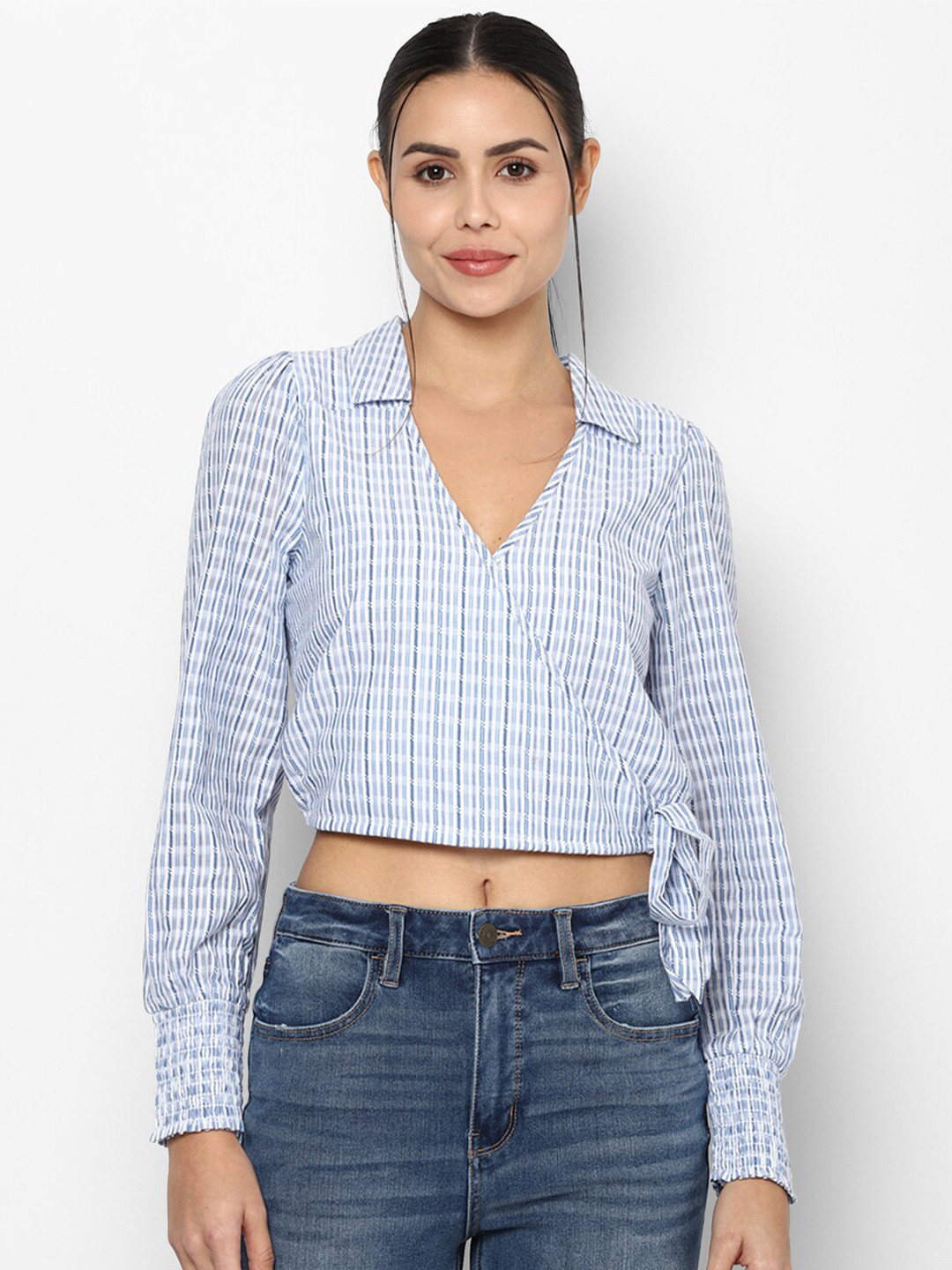 AMERICAN EAGLE OUTFITTERS Blue Checked Pure Cotton Wrap Crop Top