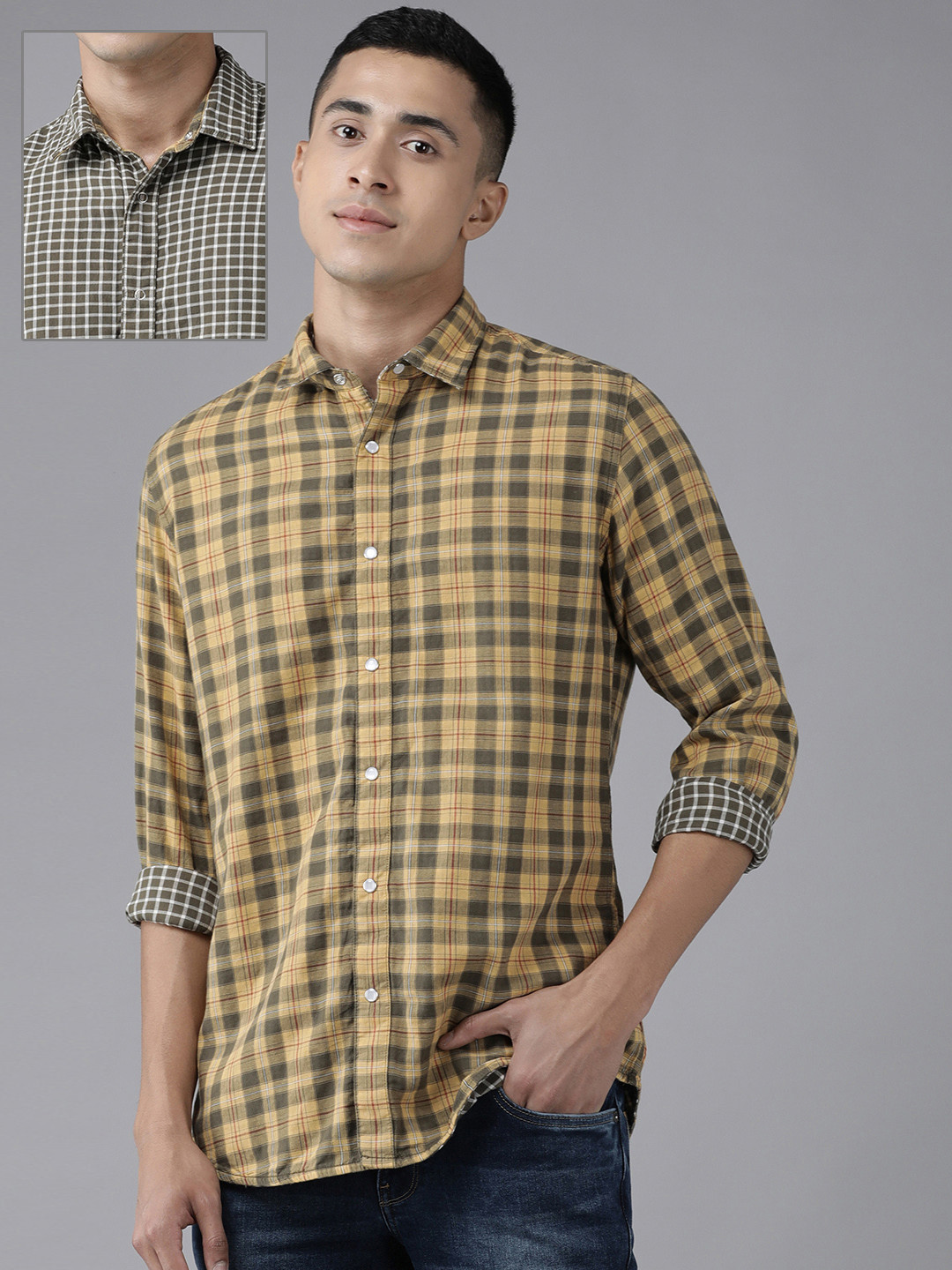 VAN HEUSEN DENIM LABS Men Yellow & Olive Green Slim Fit Pure Cotton Reversible Shirt