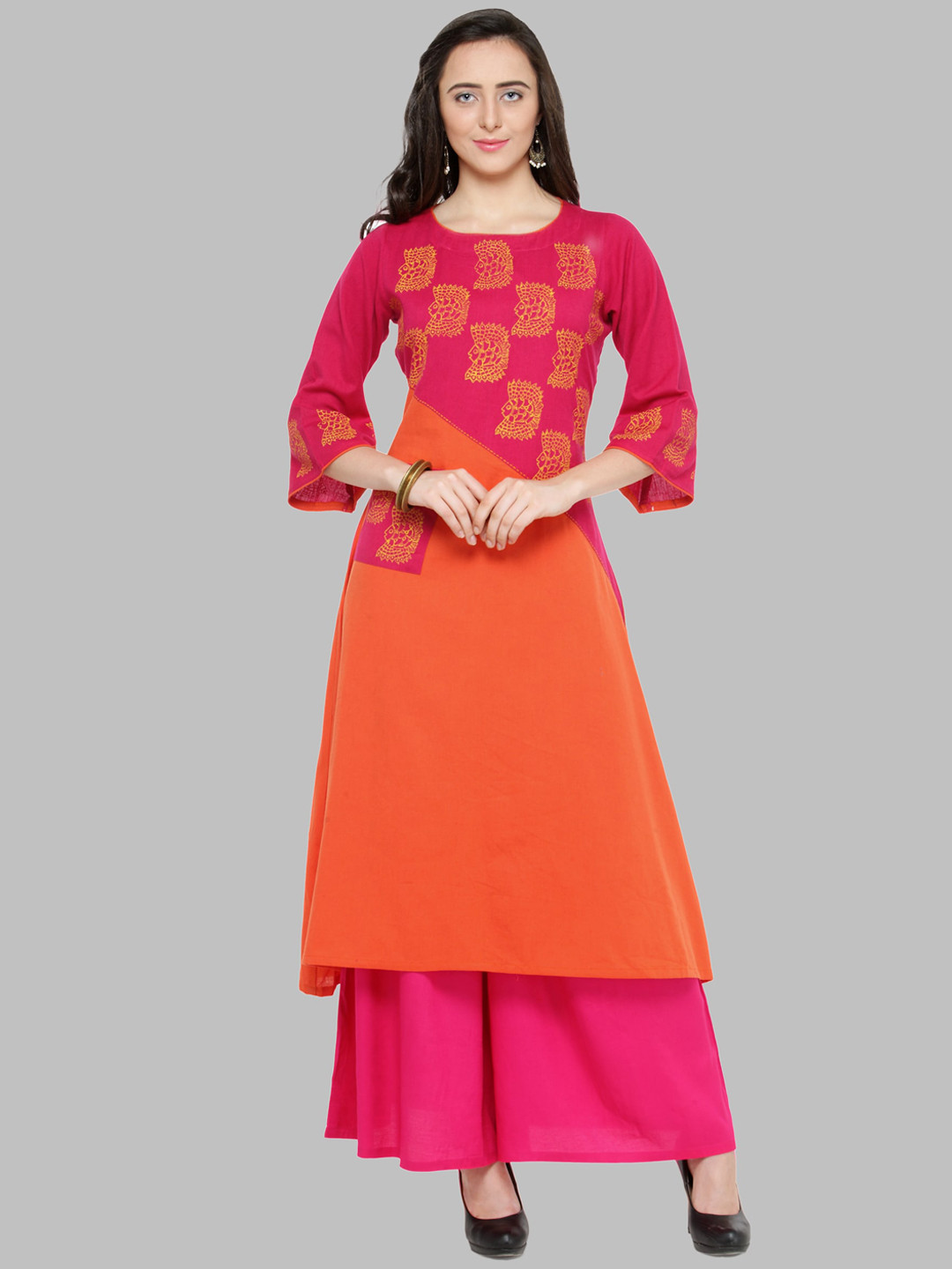 Bitterlime Women Pink & Orange Block Print Kurta