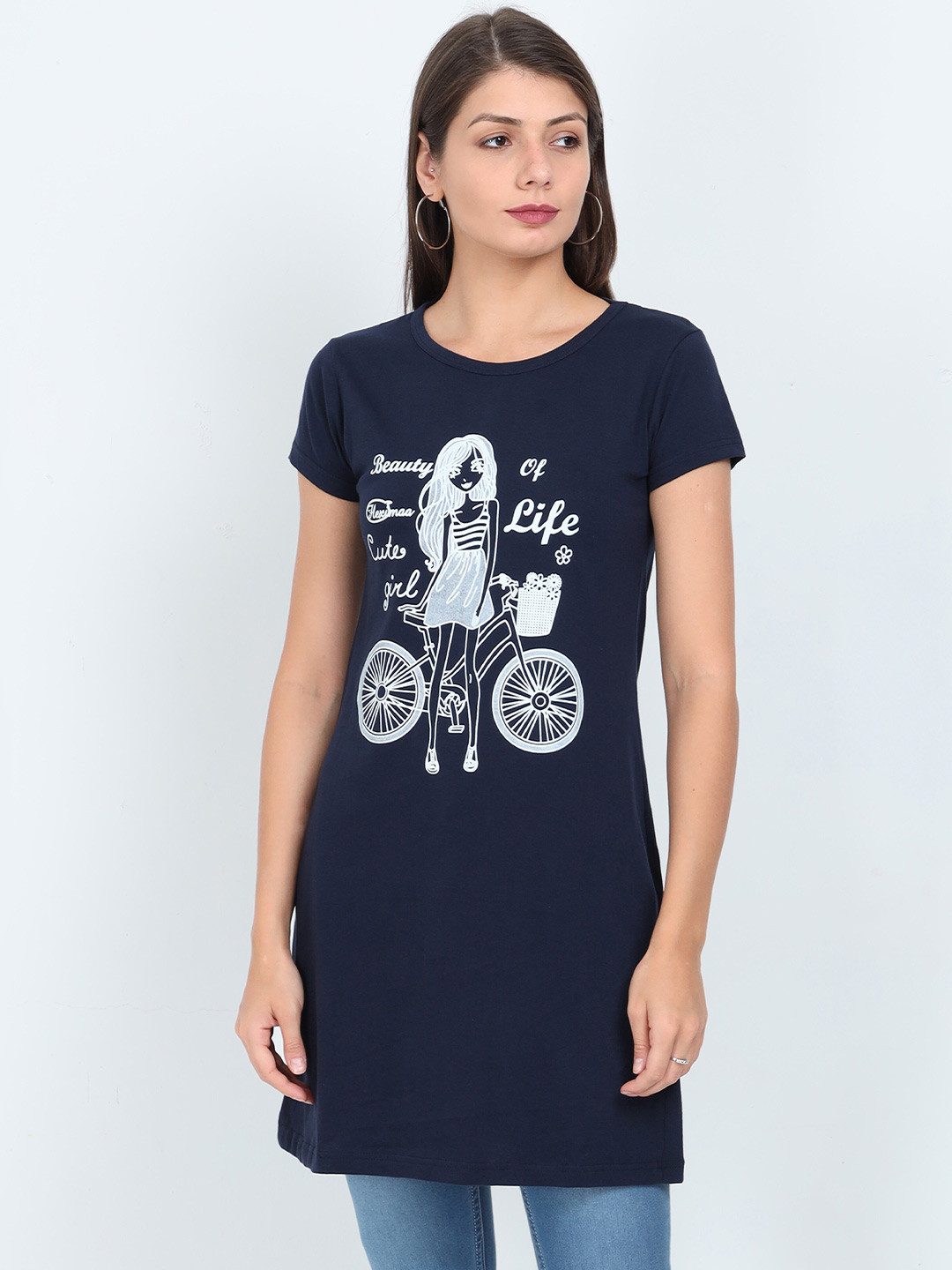 Fleximaa Navy Blue Printed Longline Top